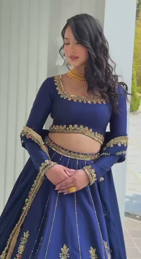 Women's Royal Blue Embroidered Lehenga Choli with Dupatta | Designer Wedding & Festive Wear