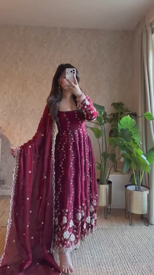 Deep Maroon Embroidered Anarkali Suit with Scalloped Border Dupatta