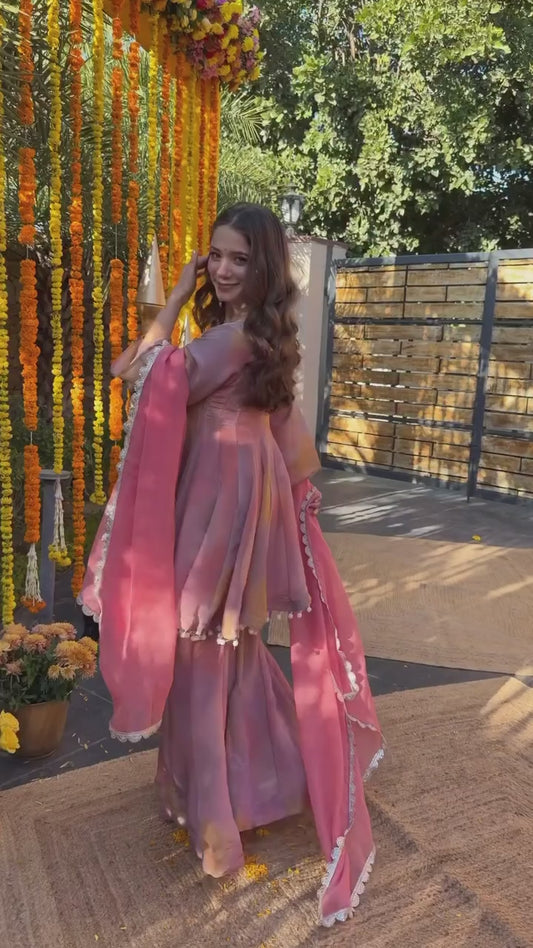 Ethereal Blush Pink Peplum Sharara Set with Scalloped Dupatta