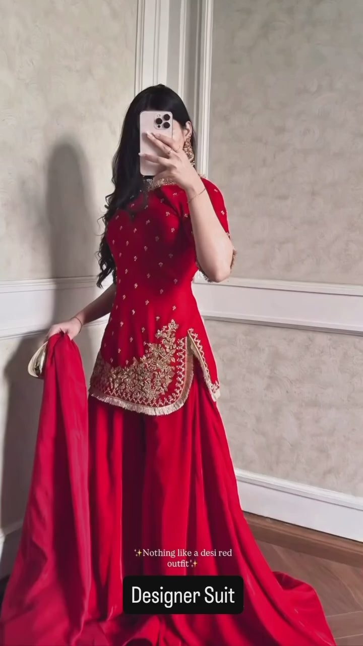 The 'Crimson Radiance' Set: Heavy Georgette Kurta with Flared Sharara and Embroidered Dupatta