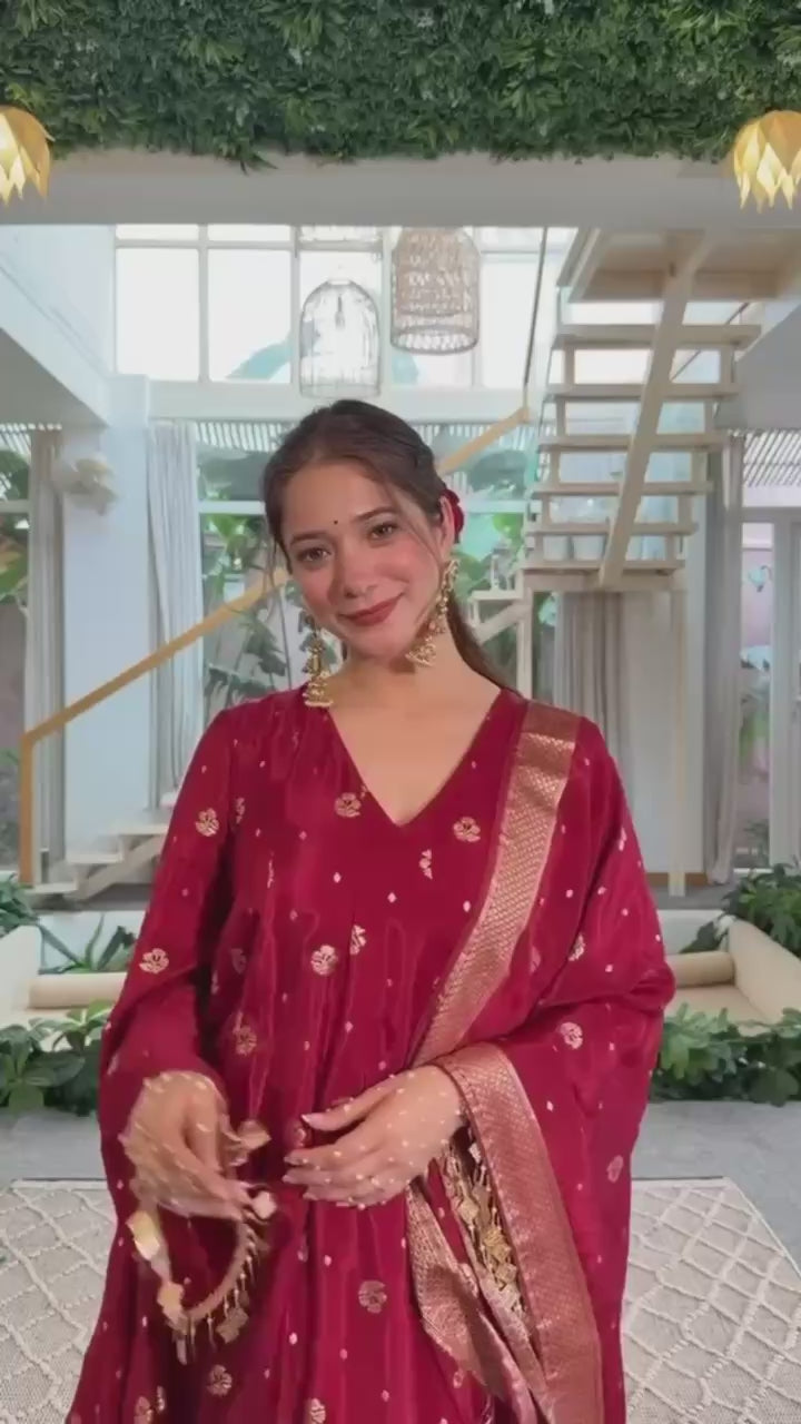 Red Banarasi Kurta Palazzo Set with Dupatta | Women's Festive & Wedding Ethnic Wear | Sworny Fashion