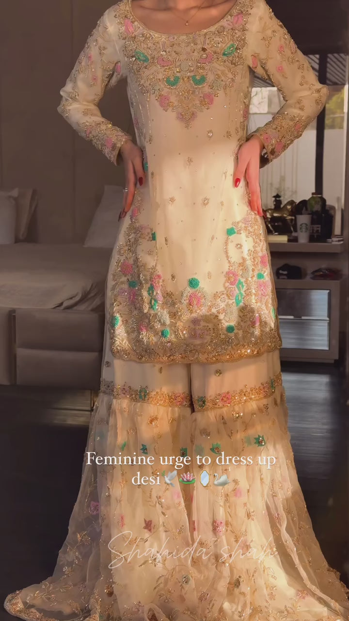 White Floral Embroidered Designer Sharara Suit (Copy)