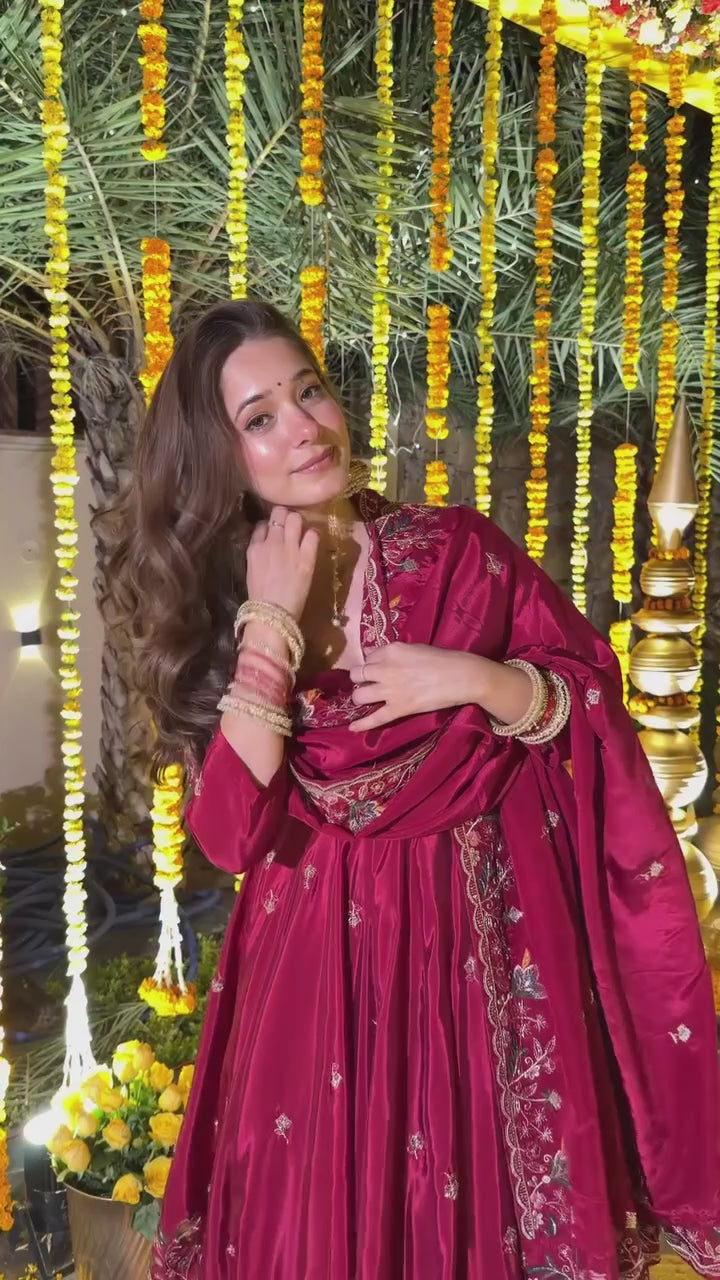 Royal Wine Embroidered Anarkali Kurta with Skirt & Dupatta - Festive Collection