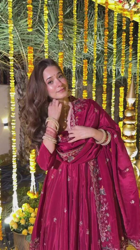 Royal Wine Embroidered Anarkali Kurta with Skirt & Dupatta - Festive Collection