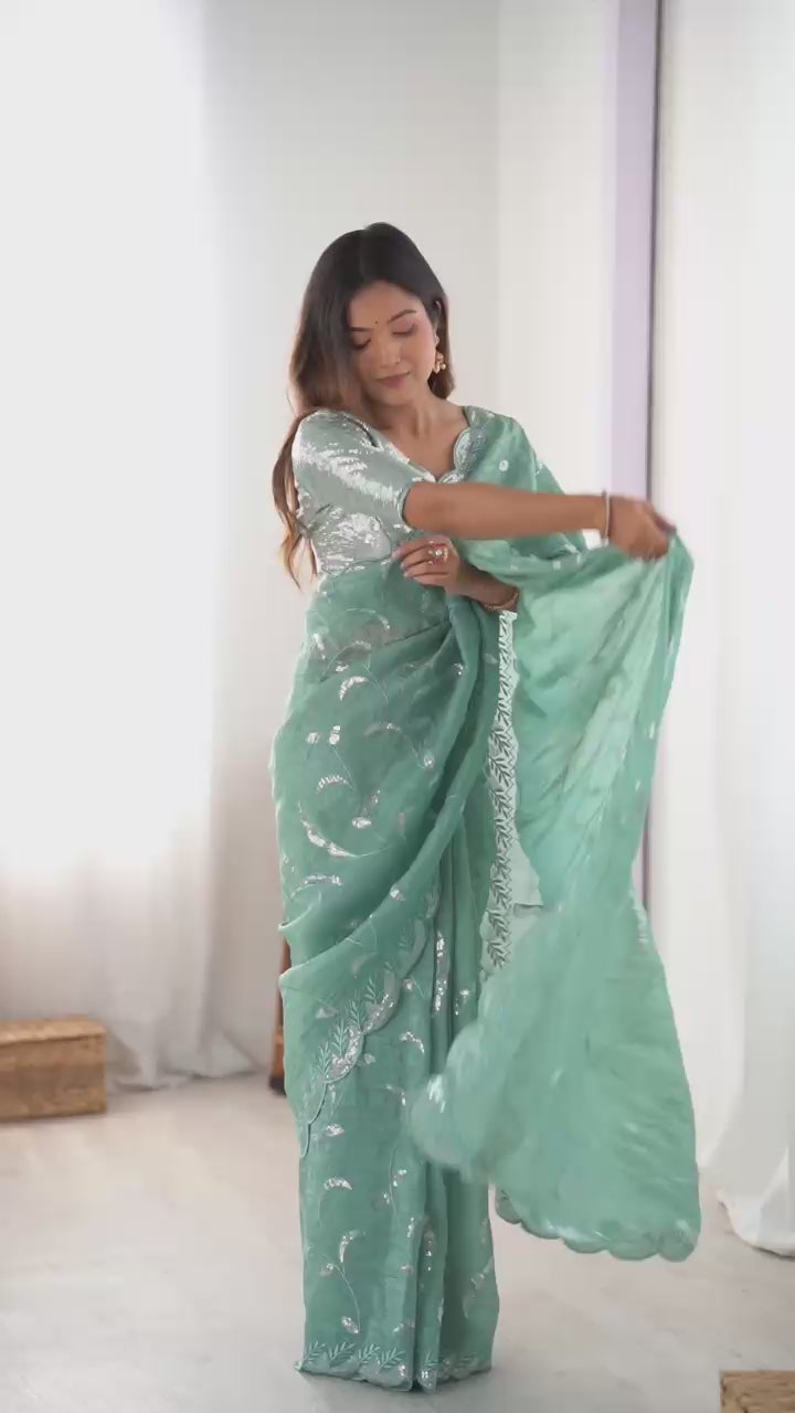 Embroidered Bollywood Silk Blend Saree (Blue)