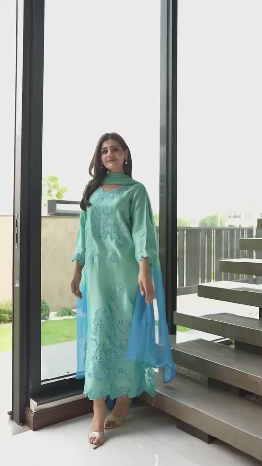 Aqua Blue Embroidered Salwar Suit Set with Ombre Chiffon Dupatta