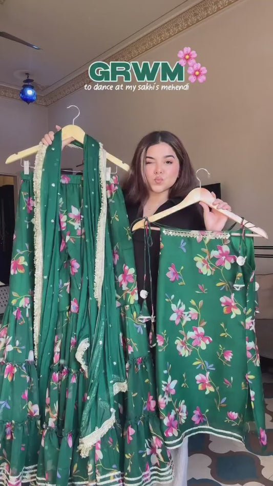 Women's Emerald Green Floral Print Georgette Sharara Suit Set with Gota Work & Dupatta - Sleeveless Festive Wear