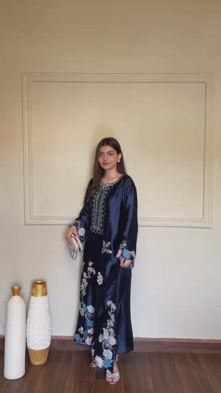 Navy Blue Embroidered Jura Silk Kaftan Kurta Set with Organza Dupatta