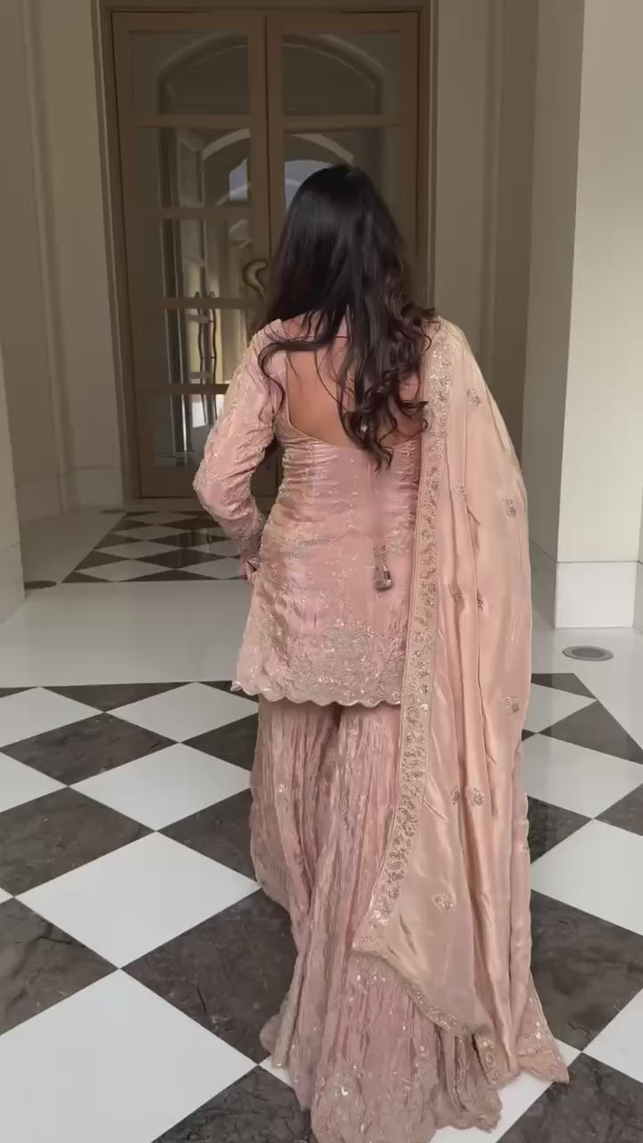Women's Pastel Peach Party Wear Sharara Suit | Heavy Embroidered Kurta with Flared Gharara Pants & Dupatta