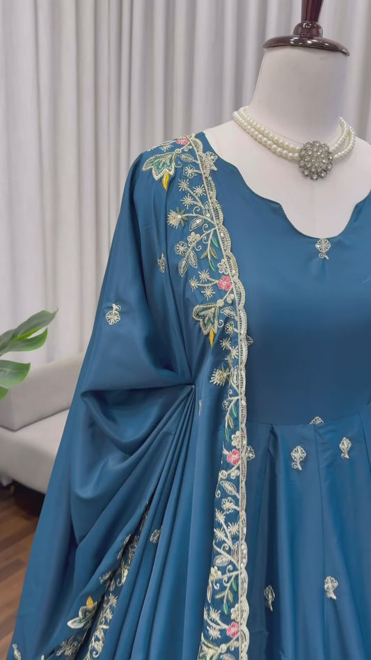 The Azure Floral Garden: Premium Teal Silk-Blend Anarkali Set with Cutwork Dupatta