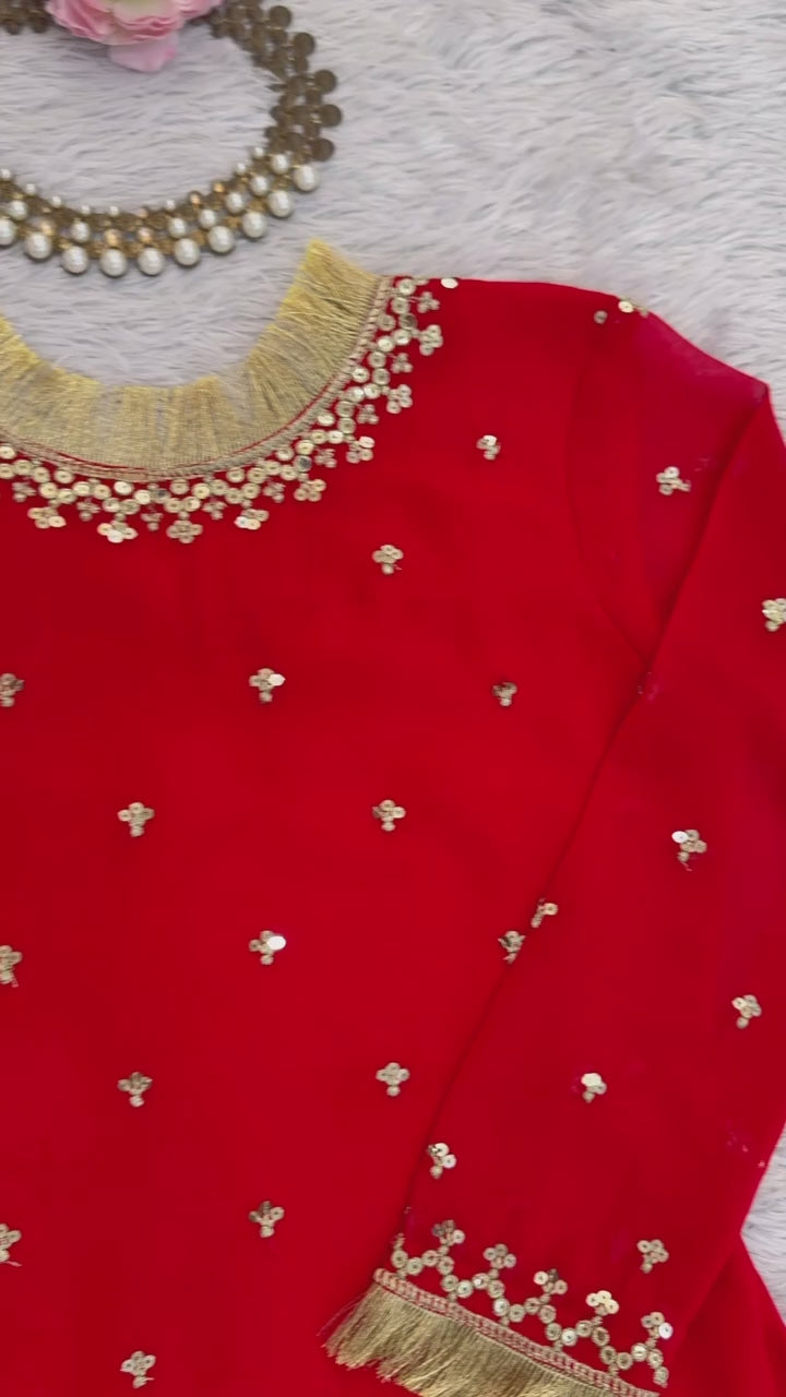 The 'Crimson Radiance' Set: Heavy Georgette Kurta with Flared Sharara and Embroidered Dupatta